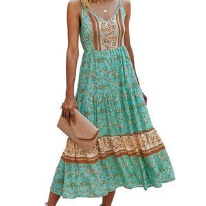 KIRUNDO Women's Spaghetti Strap V Neck High Waist Backless Floral Boho Party Bea